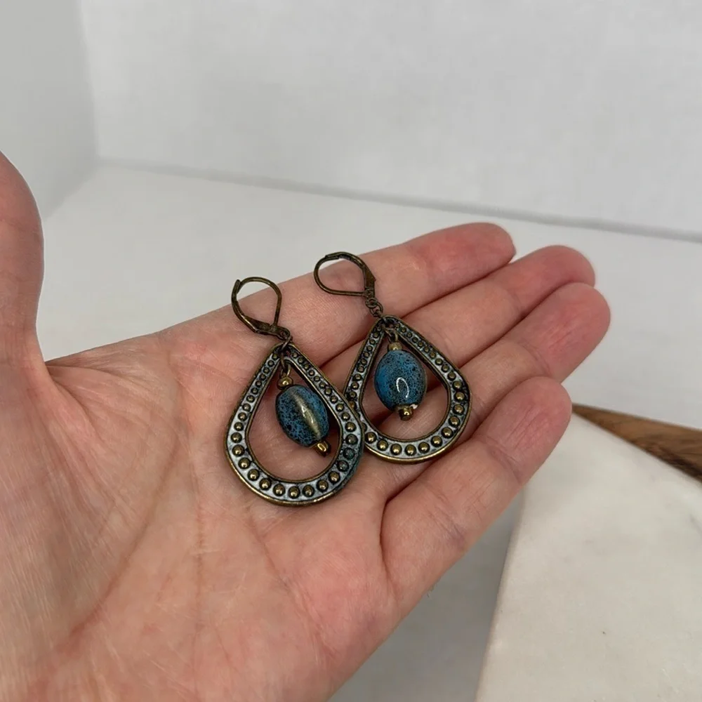 Premier Design Blue Ceramic Bead Brass Tone Dangle lot E9